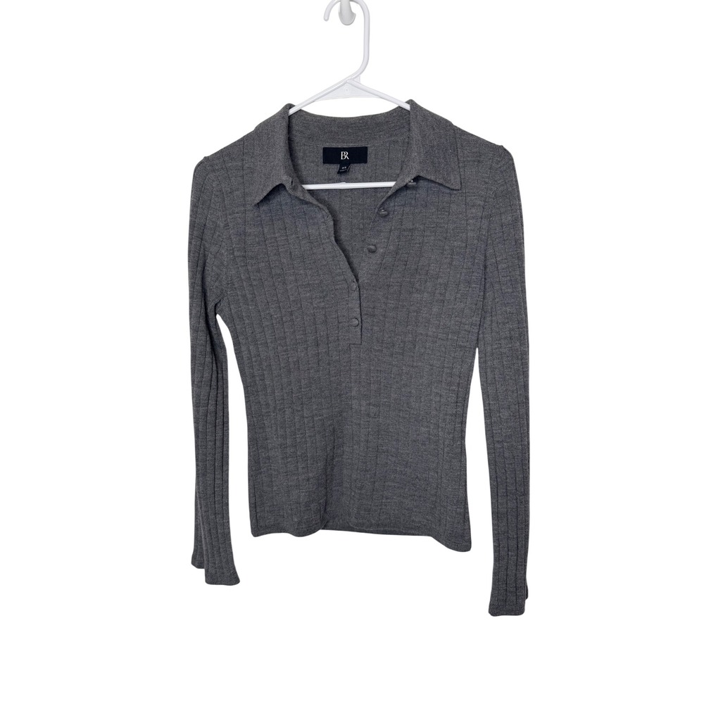 Banana Republic Sweater Top Gray Ribbed Merino Wool Polo Collar XS